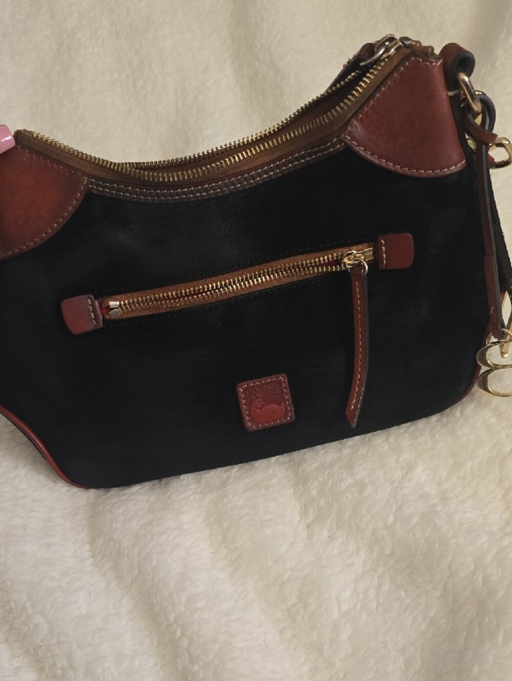 Dooney & Bourke Black Suede Shoulder Bag with Brown Leather Trim - Picture 2 of 14
